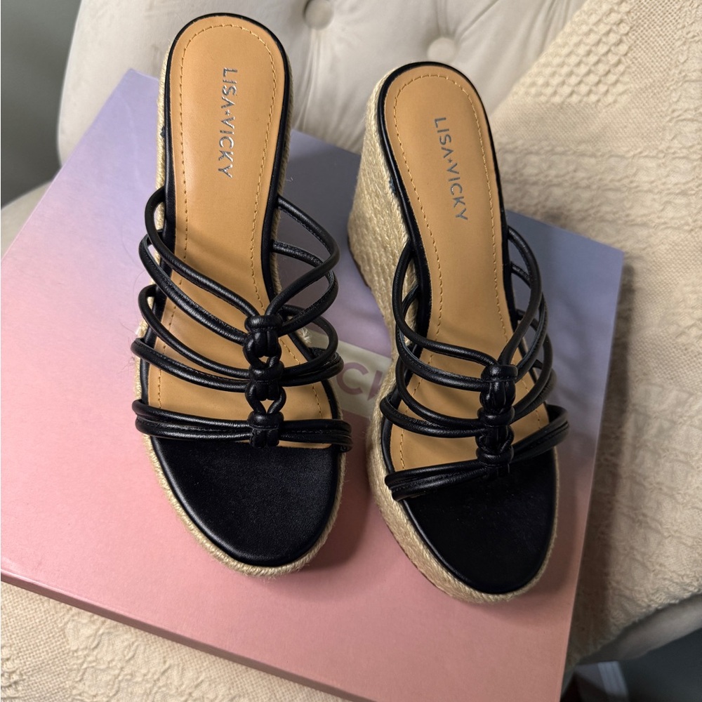 Lisa Vicky Gaze Platform Wedge Sandals Womens 7 M Black Strappy Lace Up Leather